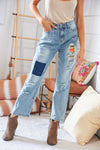 Cotton Washed High Waist Ripped Patchwork Straight Leg Jeans