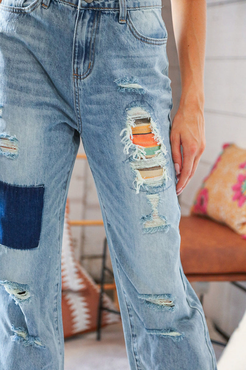 Cotton Washed High Waist Ripped Patchwork Straight Leg Jeans