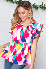 Multicolor Geometric Print Layered Ruffle Sleeve Top