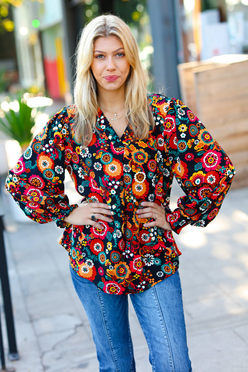 Black/Magenta Floral Ready For The Day Smocked Blouse