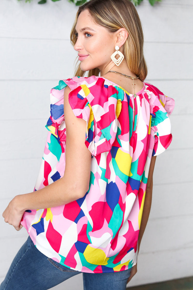 Multicolor Geometric Print Layered Ruffle Sleeve Top