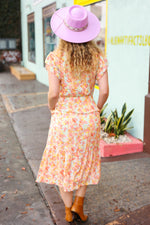 Lovely In Peach Floral Print Elastic Waist Ruffle Midi Dress