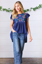 Navy Floral Embroidered Flutter Sleeve Top