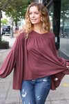 Casual Chic Wine V Neck Yoke Modal Knit Oversized Top