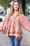 Under Your Spell Rust Plaid Color Block Notch Neck Top