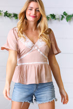 Taupe Crinkle Embroidered Smocked Babydoll Top