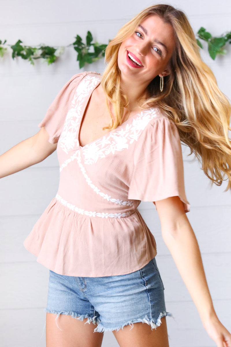 Taupe Crinkle Embroidered Smocked Babydoll Top