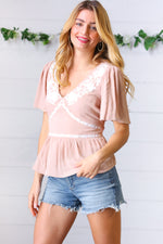 Taupe Crinkle Embroidered Smocked Babydoll Top