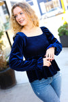 Shine Your Light Navy Crushed Velvet Smocked Ruffle Top