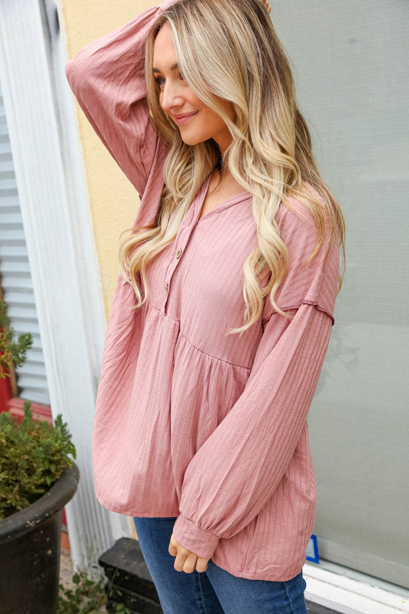 Rose Button Detail Babydoll Outseam Bubble Sleeve Top