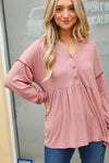 Rose Button Detail Babydoll Outseam Bubble Sleeve Top