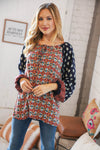 Navy & Rust Paisley Print Bubble Sleeve Keyhole Top