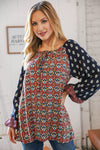 Navy & Rust Paisley Print Bubble Sleeve Keyhole Top