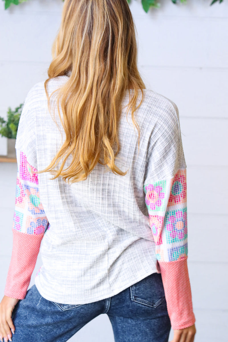 Heather Grey Two-Tone Floral Crochet Print Top