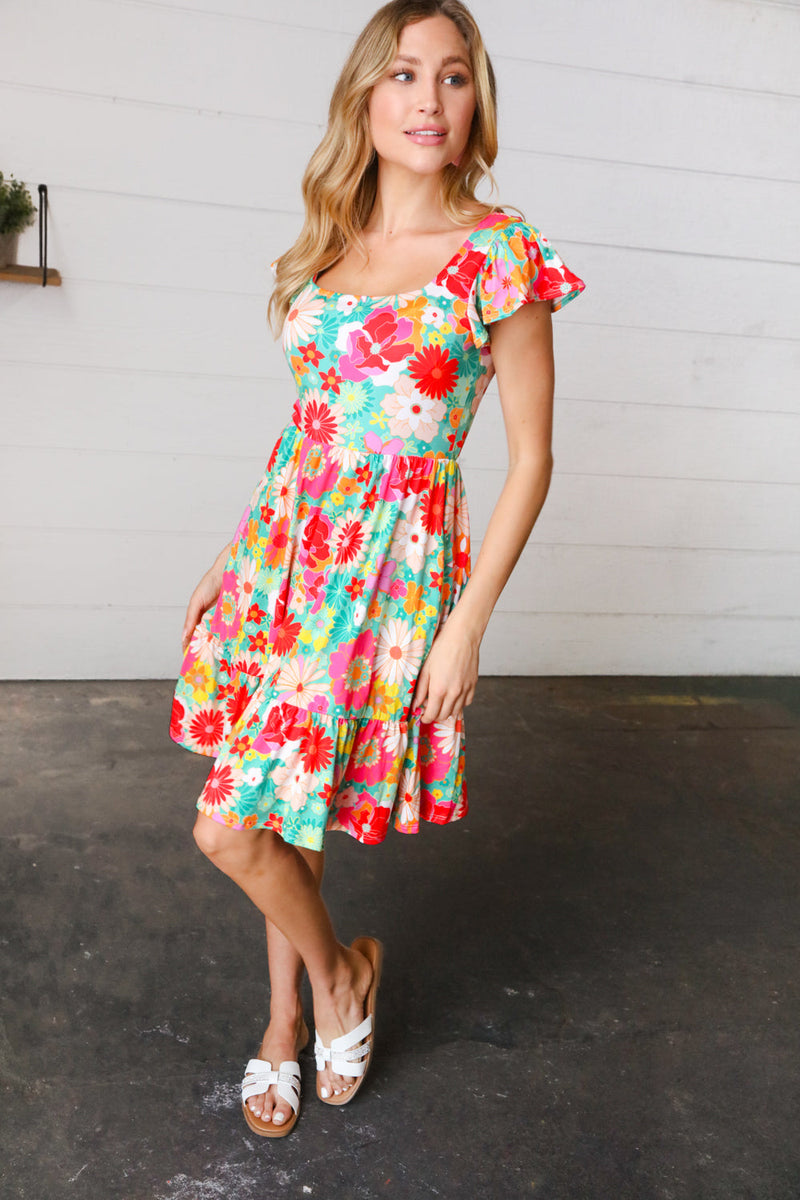 Seafoam & Fuchsia Tropical Floral Square Neck Dress