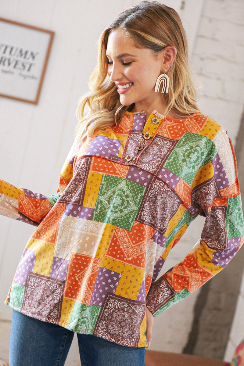 Multicolor Patchwork Button Down Terry Outseam Top