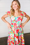 Seafoam & Fuchsia Tropical Floral Square Neck Dress