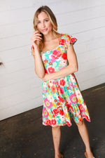 Seafoam & Fuchsia Tropical Floral Square Neck Dress