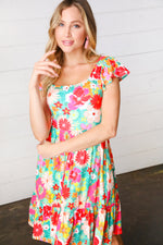 Seafoam & Fuchsia Tropical Floral Square Neck Dress