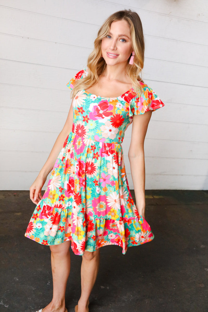 Seafoam & Fuchsia Tropical Floral Square Neck Dress