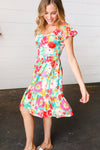 Seafoam & Fuchsia Tropical Floral Square Neck Dress