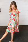 Seafoam & Fuchsia Tropical Floral Square Neck Dress