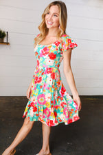 Seafoam & Fuchsia Tropical Floral Square Neck Dress