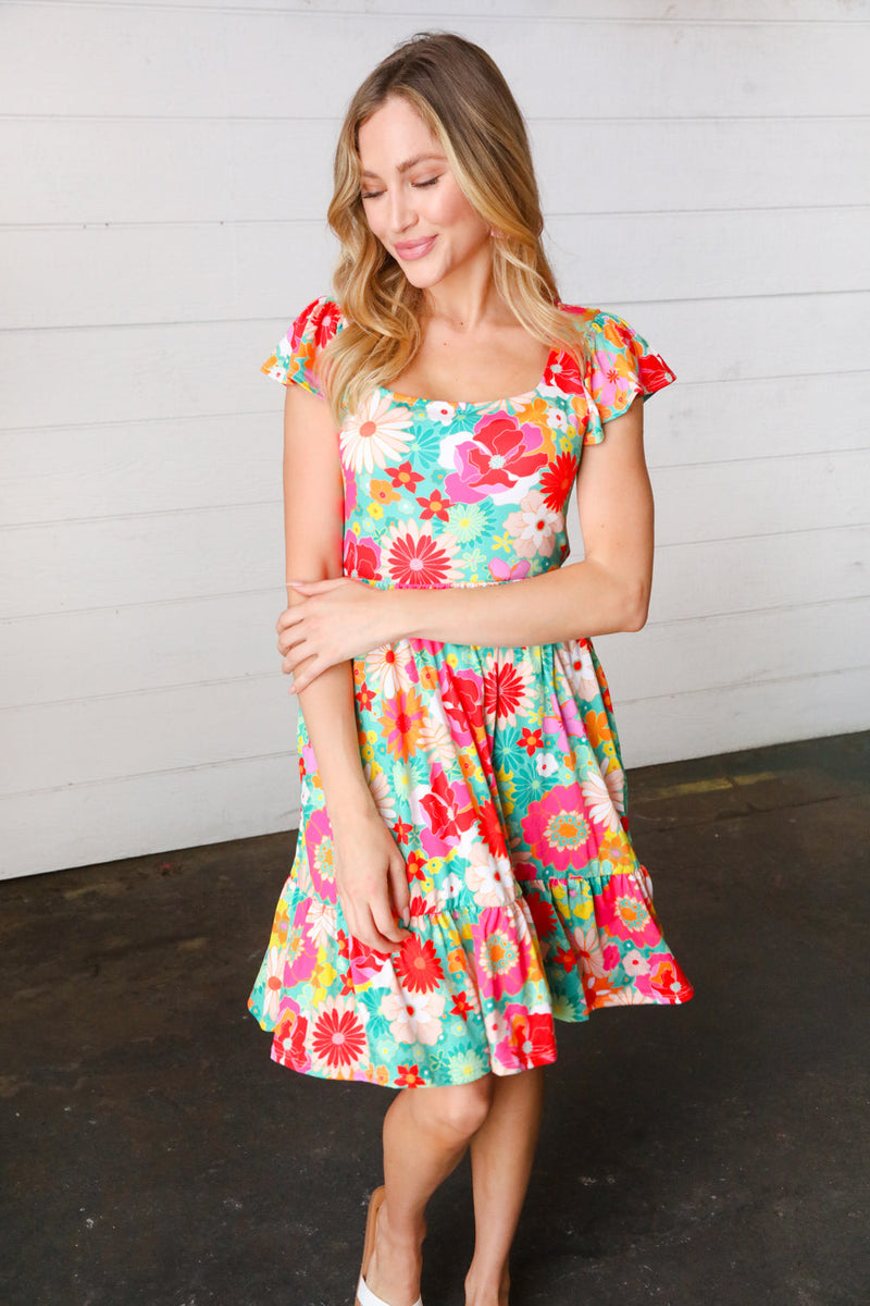 Seafoam & Fuchsia Tropical Floral Square Neck Dress