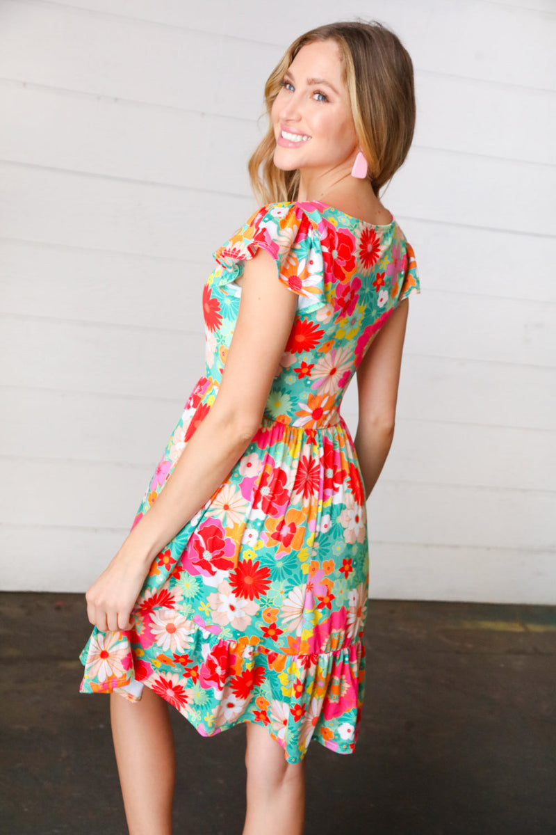 Seafoam & Fuchsia Tropical Floral Square Neck Dress