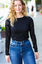 Can't Help But Love Black Shirred Velvet Mesh Blouse