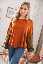 Rust Floral Stripe Bubble Sleeve Hacci Top