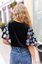 Feeling Glamorous Black Floral Sequin Puff Sleeve Velvet Top