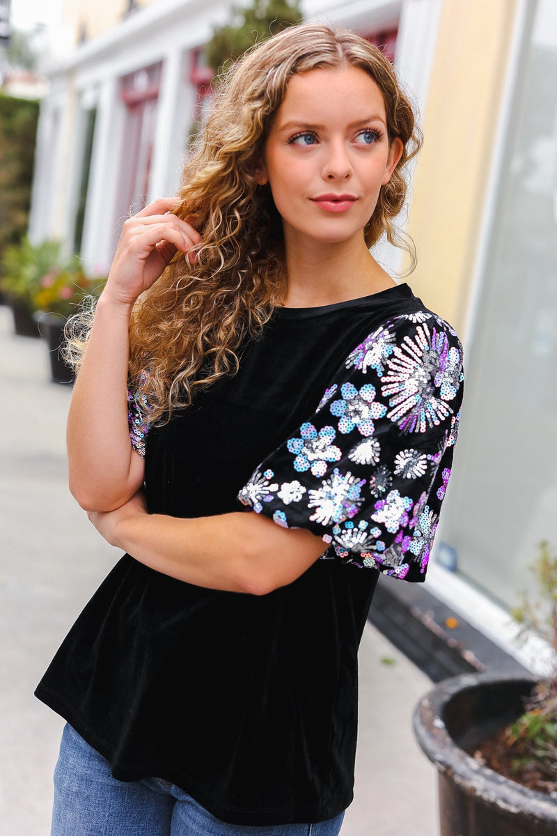 Feeling Glamorous Black Floral Sequin Puff Sleeve Velvet Top