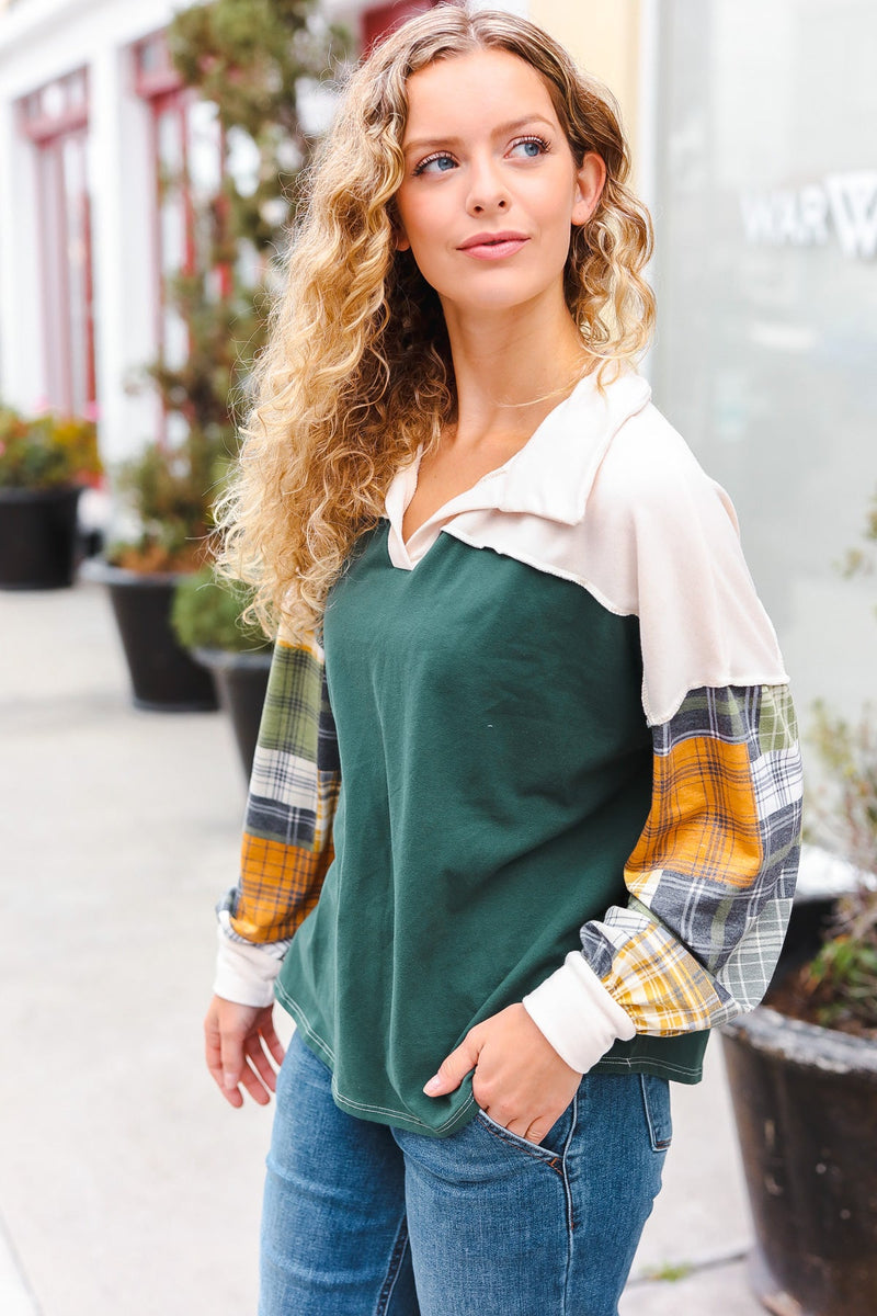 Fall For You Hunter Green Plaid Color Block Collared Terry Top