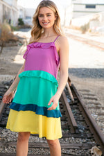 Fuchsia Shoulder Strap Color Block Tiered Ruffle Dress