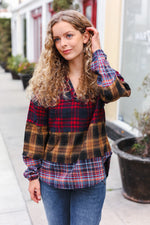 Holiday Ready Red & Mustard Plaid Notched Neck Flannel Hoodie