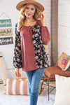 Mauve Leopard and Floral Color Block Key Hole Top