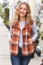 Put Together Rust Taupe Plaid Snap Button Quilted Puffer Vest