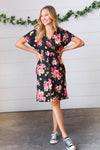 Black & Pink Floral Surplice V Neck Pocketed Dress