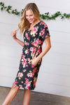 Black & Pink Floral Surplice V Neck Pocketed Dress