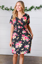 Black & Pink Floral Surplice V Neck Pocketed Dress