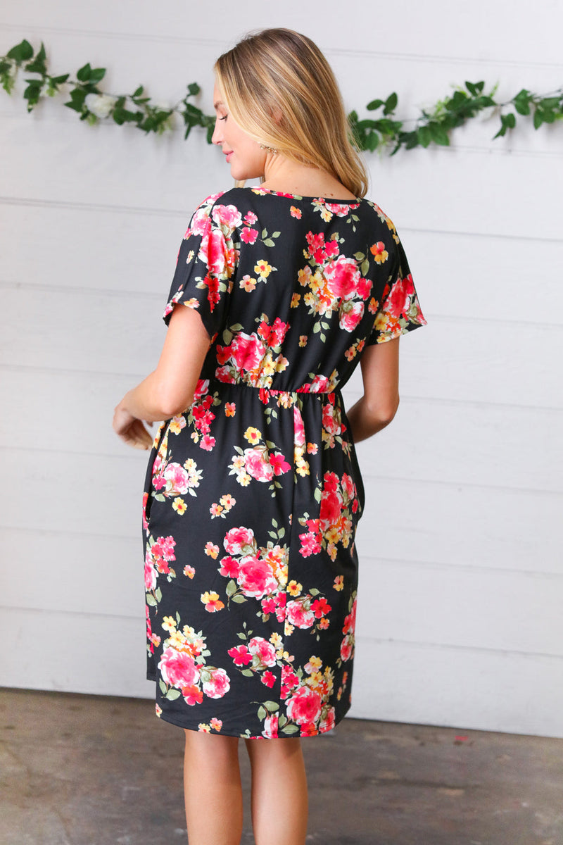 Black & Pink Floral Surplice V Neck Pocketed Dress