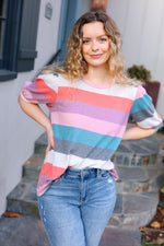 Look Out Teal & Rose Striped Hacci Knit Puff Sleeve Top