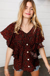 Black & Orange Boho Print Button Detail Side Ruffle Top