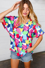 Navy & Magenta Tropical Print Woven Top