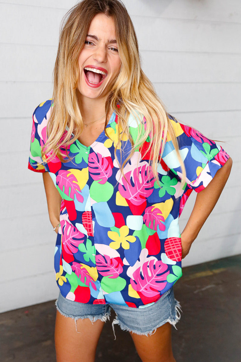 Navy & Magenta Tropical Print Woven Top