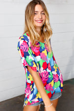 Navy & Magenta Tropical Print Woven Top