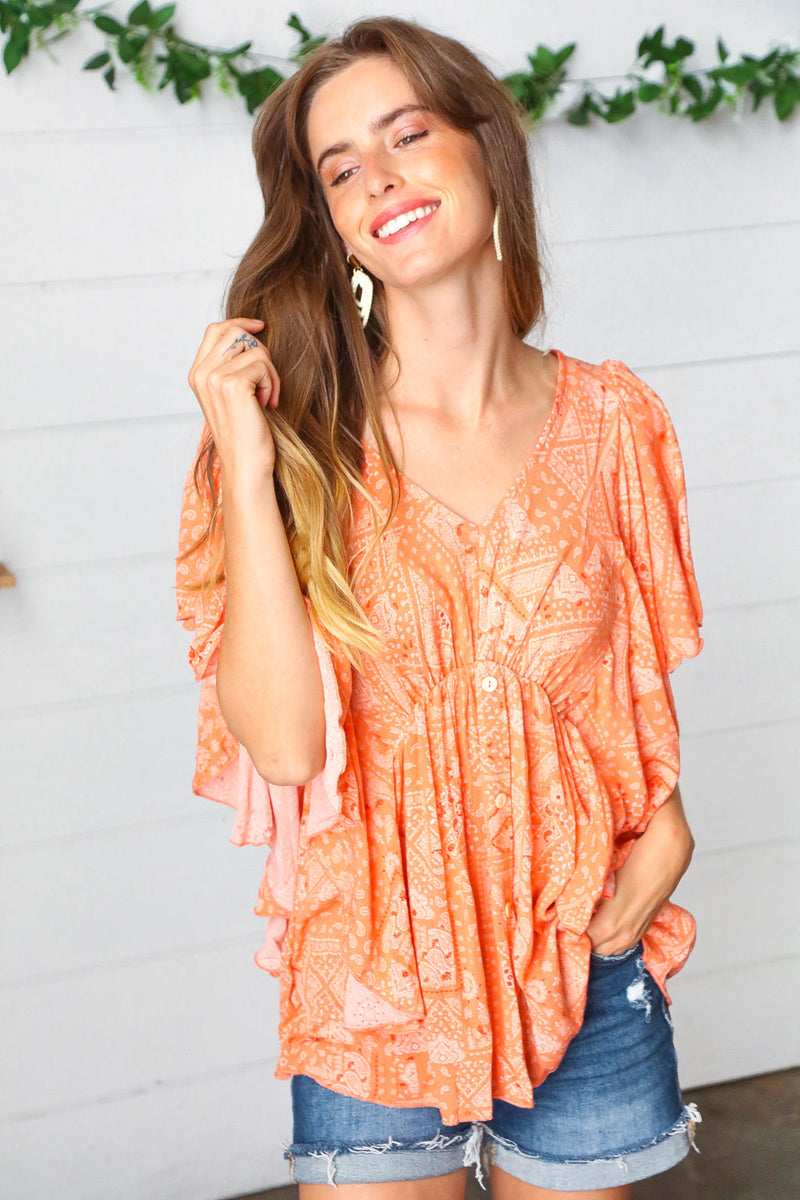 Apricot Boho Print Button Detail Side Ruffle Top