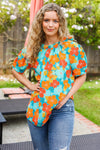 Vacay Ready Blue & Orange Floral Frill Mock Neck Top