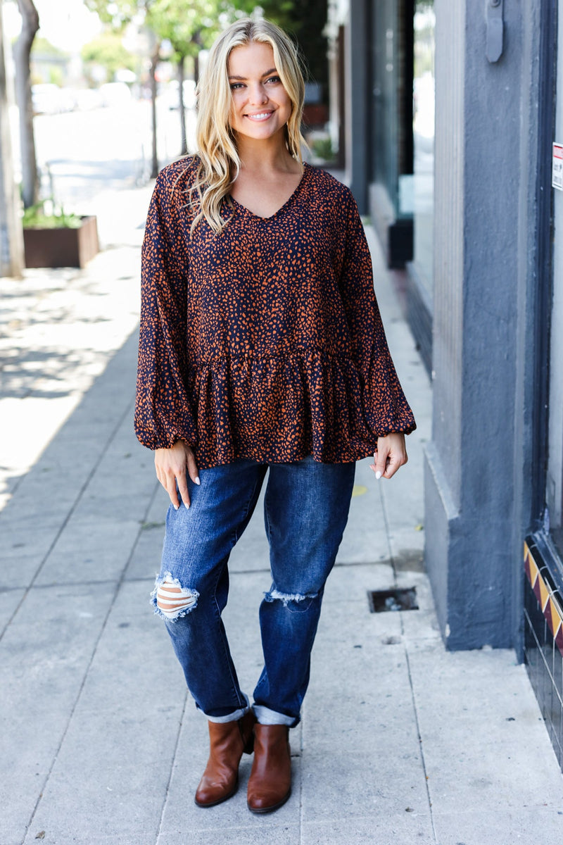 Navy & Rust Leopard Woven Babydoll Top